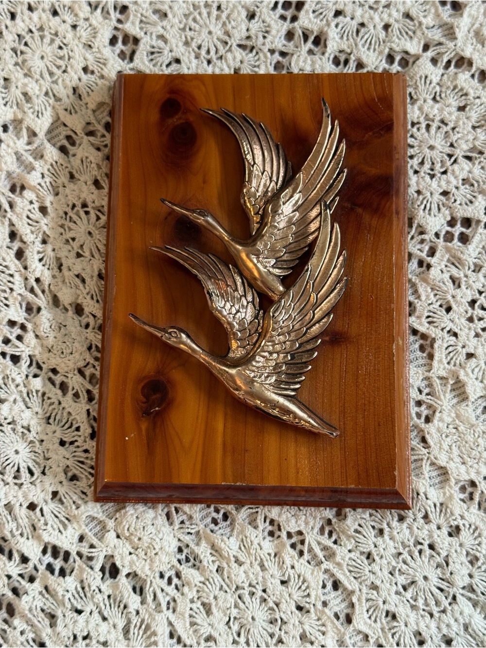 Vintage Brass Tone Flying Cranes Wall Plaque on Wood